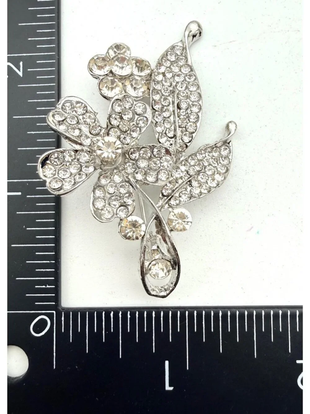 Rhinestone Floral Brooch Pin Clear Silver Tone Crystals 2” Elegant Women Jewelry